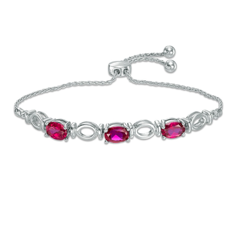 Oval Lab-Created Ruby Three Stone Bolo Bracelet in Sterling Silver - 9.5"