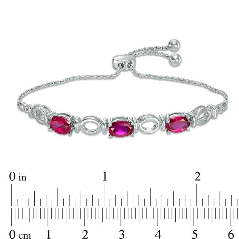 Oval Lab-Created Ruby Three Stone Bolo Bracelet in Sterling Silver - 9.5"