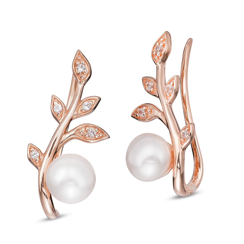 Main Image 1 of Freshwater Cultured Pearl and Lab-Created White Sapphire Crawler Earrings in Sterling Silver with 14K Rose Gold Plate
