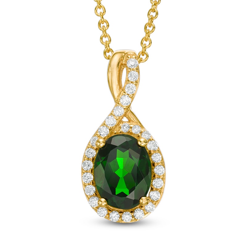 Main Image 1 of Oval Chrome Diopside and Lab-Created White Sapphire Twist Frame Pendant in 10K Gold
