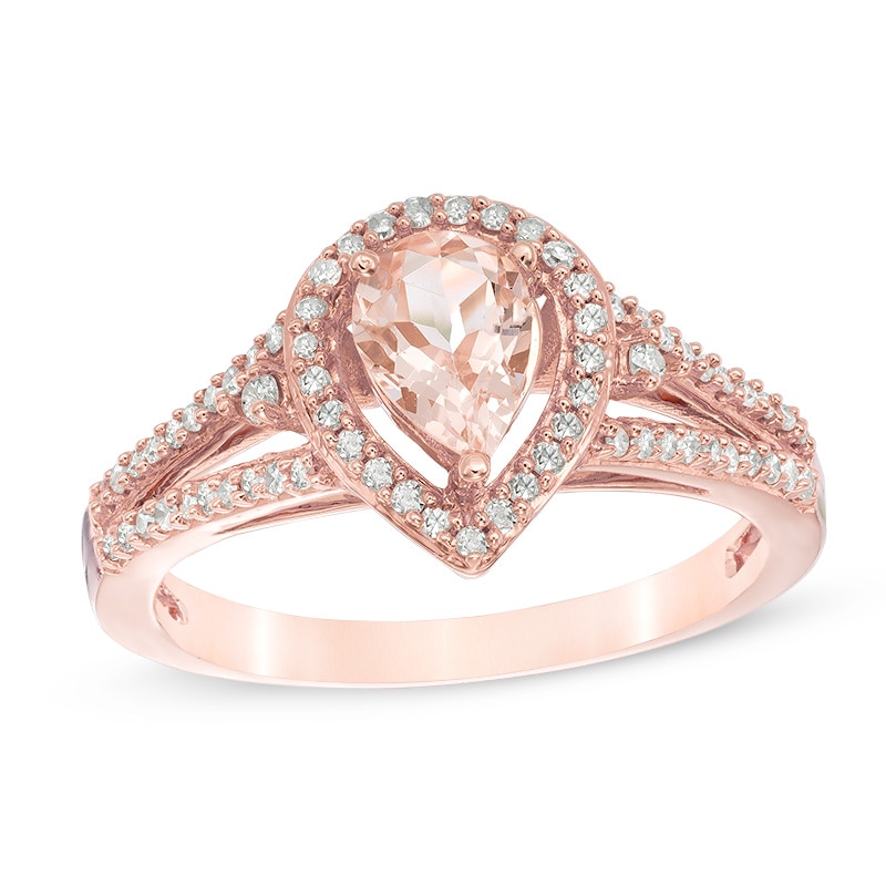 Main Image 1 of Pear-Shaped Morganite and 1/4 CT. T.W. Diamond Split Shank Ring in 10K Rose Gold