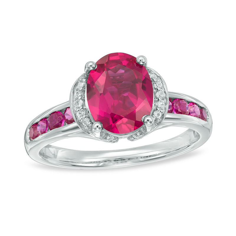 Main Image 1 of Oval Lab-Created Ruby and White Sapphire Collar Ring in Sterling Silver
