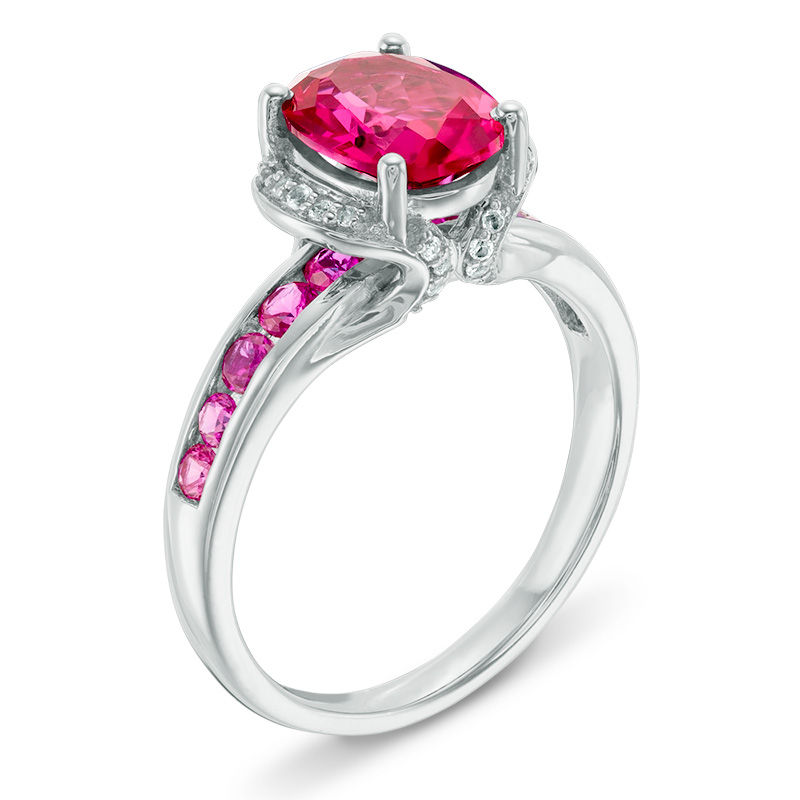 Main Image 2 of Oval Lab-Created Ruby and White Sapphire Collar Ring in Sterling Silver