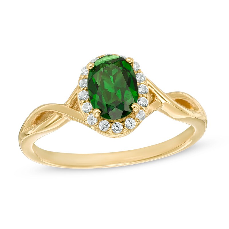 Main Image 1 of Oval Chrome Diopside and Lab-Created White Sapphire Twist Shank Ring in 10K Gold