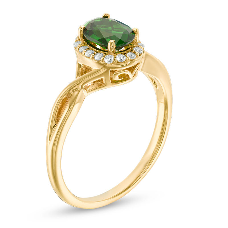 Oval Chrome Diopside and Lab-Created White Sapphire Twist Shank Ring in 10K Gold