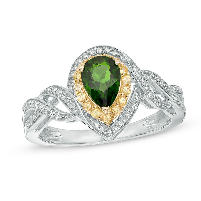 Pear-Shaped Chrome Diopside, Yellow Sapphire and 1/5 CT. T.W. Diamond Frame Ring in 10K Two-Tone Gold