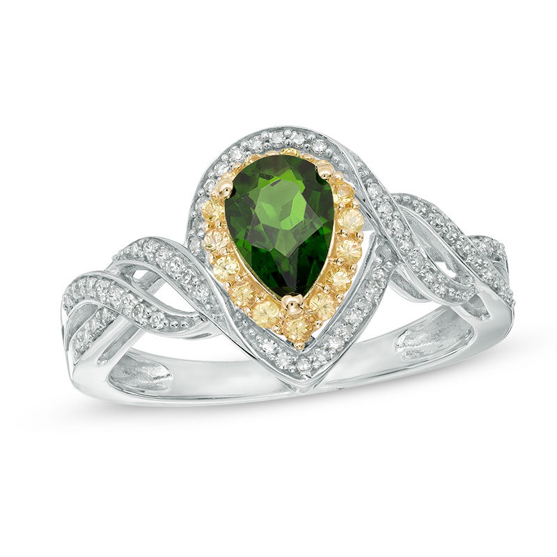 Main Image 1 of Pear-Shaped Chrome Diopside, Yellow Sapphire and 1/5 CT. T.W. Diamond Frame Ring in 10K Two-Tone Gold