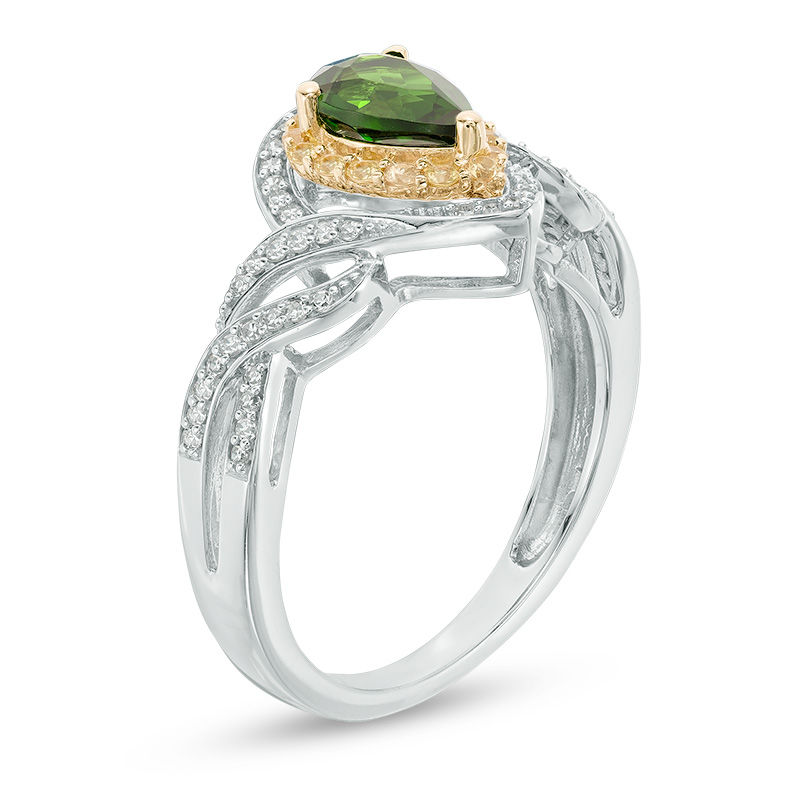 Pear-Shaped Chrome Diopside, Yellow Sapphire and 1/5 CT. T.W. Diamond Frame Ring in 10K Two-Tone Gold