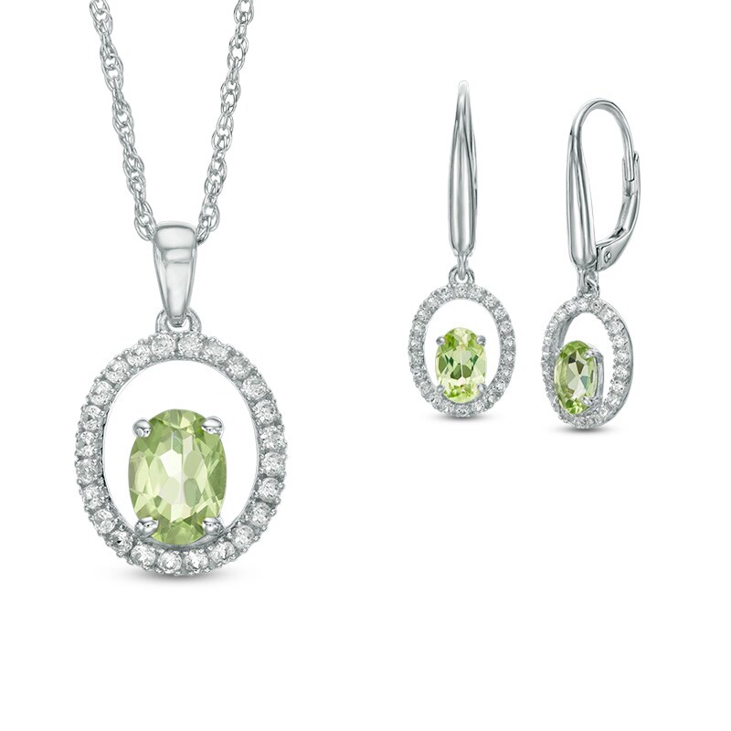 Main Image 1 of Oval Peridot and Lab-Created White Sapphire Pendant and Earrings Set in Sterling Silver