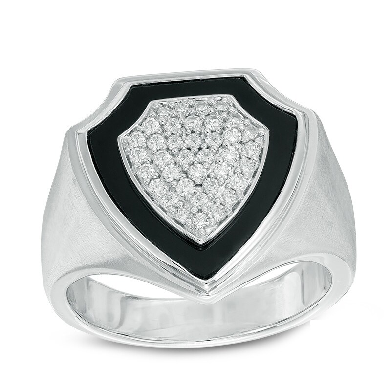 Main Image 1 of Onyx and 3/8 CT. T.W. Diamond Shield Ring in Sterling Silver