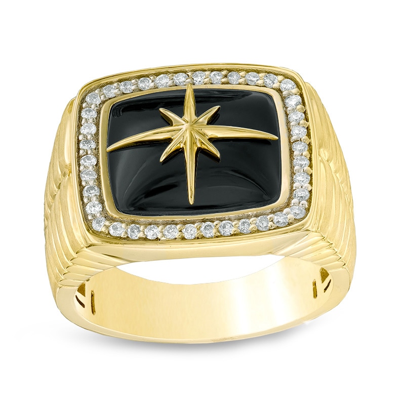 Main Image 1 of Onyx and 1/3 CT. T.W. Diamond Compass Star Ring in 10K Gold