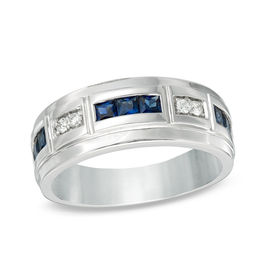 Mens Clearance Zales Men S Lab Created Blue Shire And 1 10 Ct T W Diamond Alternating Band