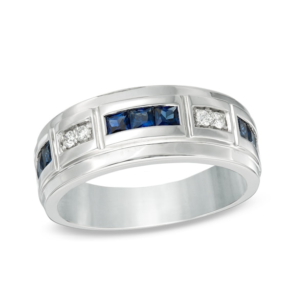 Men's Lab-Created Blue Sapphire and 1/10 CT. T.w. Diamond Alternating Band in 10K White Gold