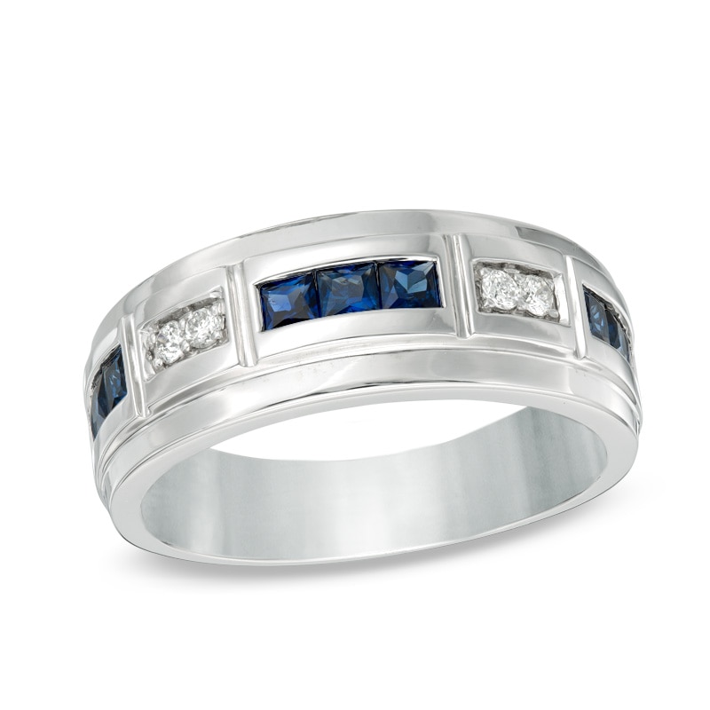Men's Lab-Created Blue Sapphire and 1/10 CT. T.W. Diamond Alternating Band in 10K White Gold
