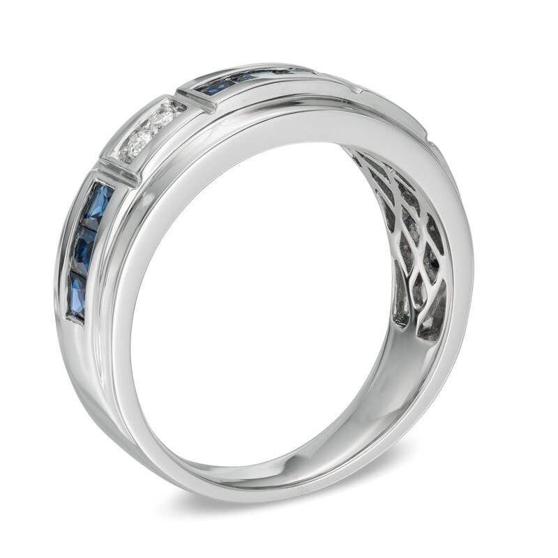 Men's Lab-Created Blue Sapphire and 1/10 CT. T.W. Diamond Alternating Band in 10K White Gold