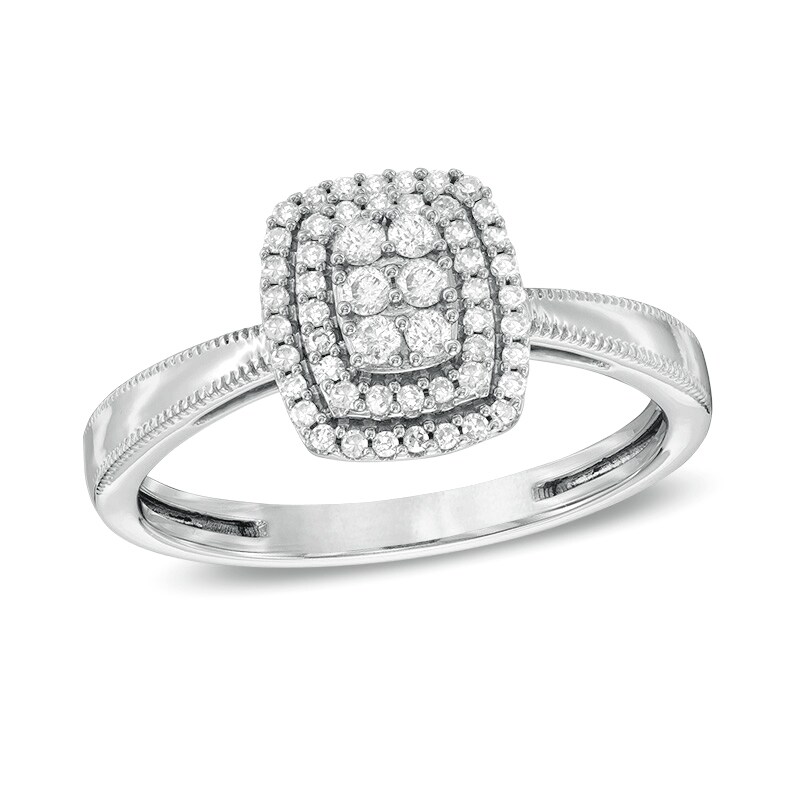 Main Image 1 of 1/4 CT. TW. Cushion Multi-Diamond Rectangle Frame Vintage-Style Ring in 10K White Gold