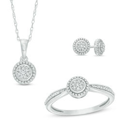 1/10 CT. T.W. Diamond Circle Frame Pendant, Stud Earrings and Ring Set in Sterling Silver