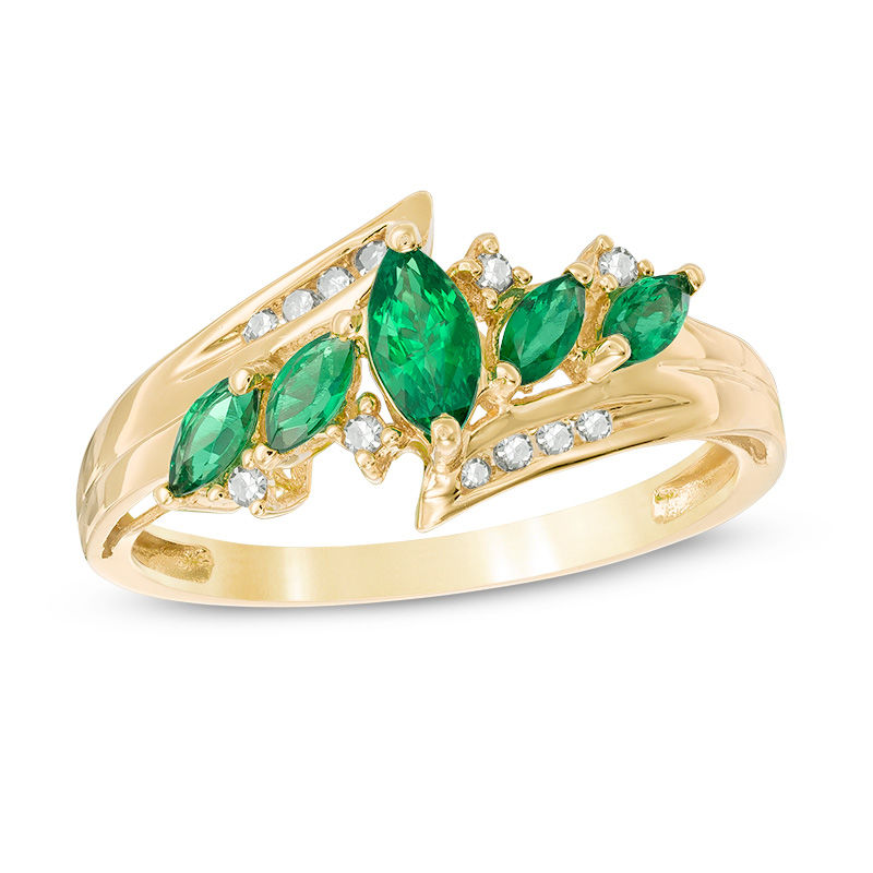 Main Image 1 of Marquise Lab-Created Emerald and 1/10 CT. T.W. Diamond Five Stone Ring in 10K Gold