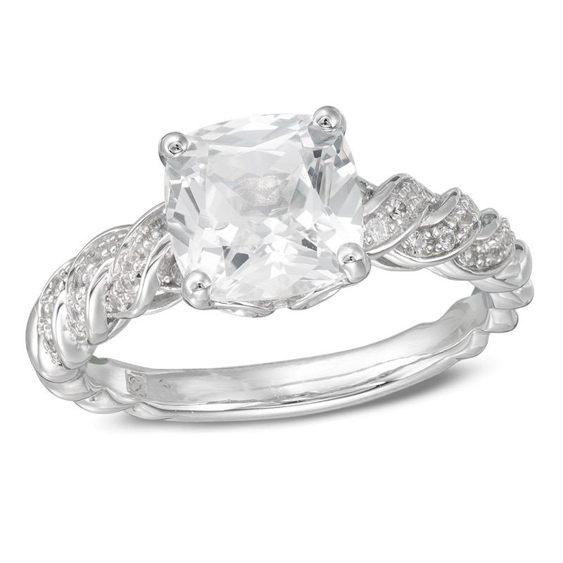 Main Image 1 of 8.0mm Cushion-Cut Lab-Created White Sapphire Twist Shank Ring in Sterling Silver