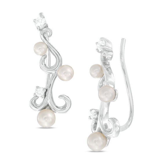 2.5-4.0mm Freshwater Cultured Pearl and Lab-Created White Sapphire Filigree Crawler Earrings in Sterling Silver