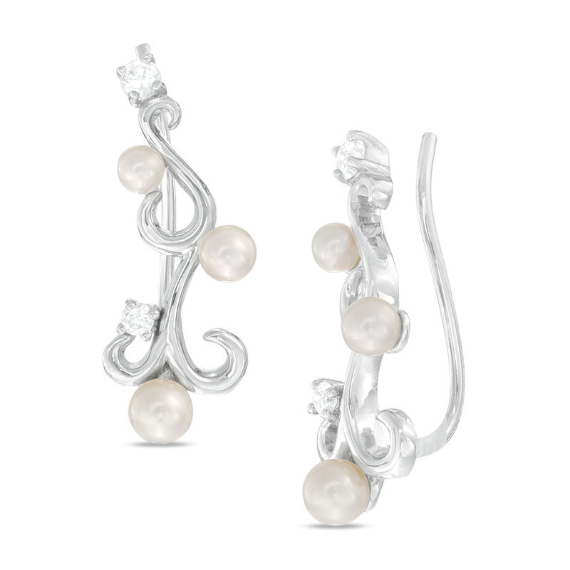 Main Image 1 of 2.5-4.0mm Freshwater Cultured Pearl and Lab-Created White Sapphire Filigree Crawler Earrings in Sterling Silver
