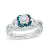 Thumbnail Image 1 of 1/2 CT. T.W. Enhanced Blue and White Diamond Square Frame Bridal Set in 10K White Gold