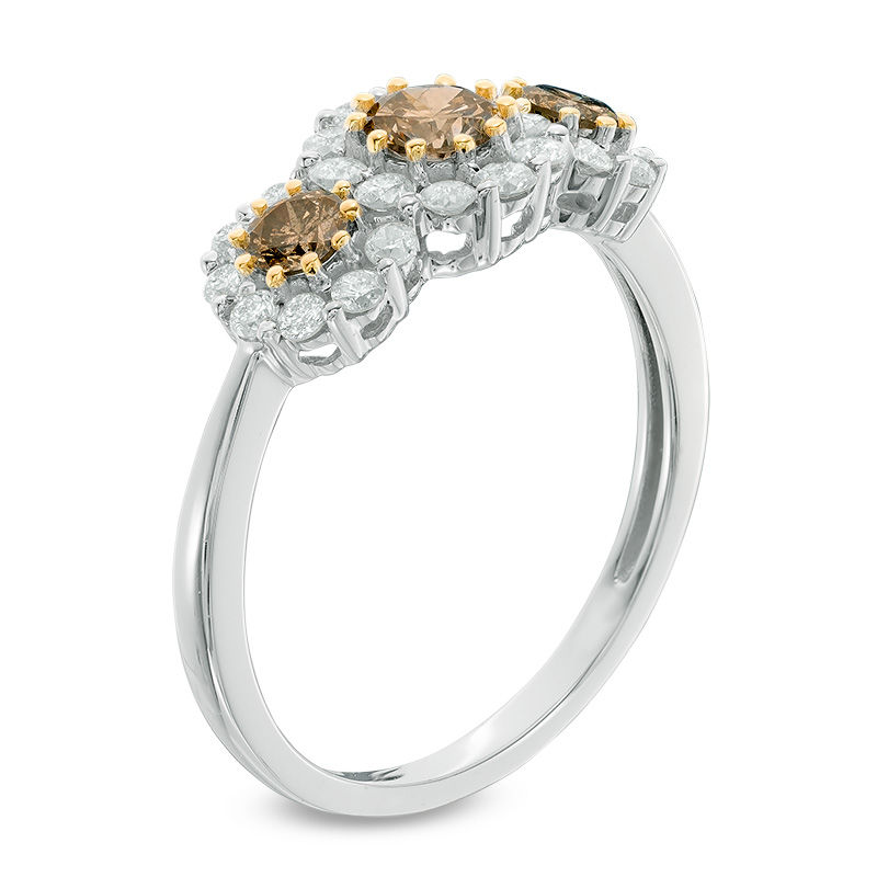 1 CT. T.W. Champagne and White Diamond Frame Three Stone Engagement Ring in 10K White Gold