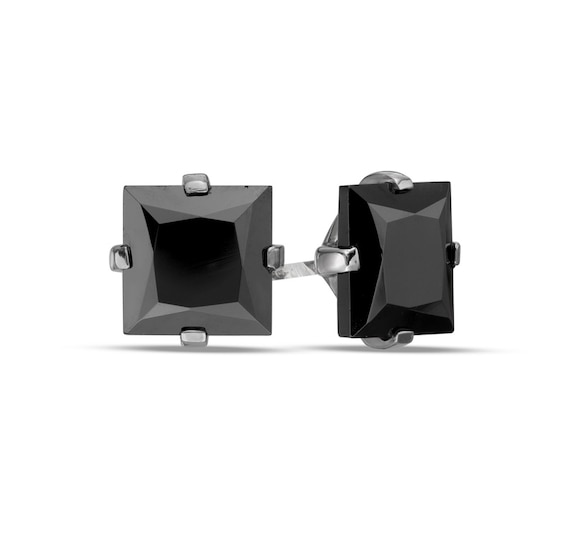 7.0mm Square Black Spinel Solitaire Stud Earrings in Sterling Silver with Black Rhodium