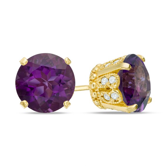 7.0mm Amethyst and 1/6 CT. T.W. Diamond Stud Earrings in 10K Gold Zales
