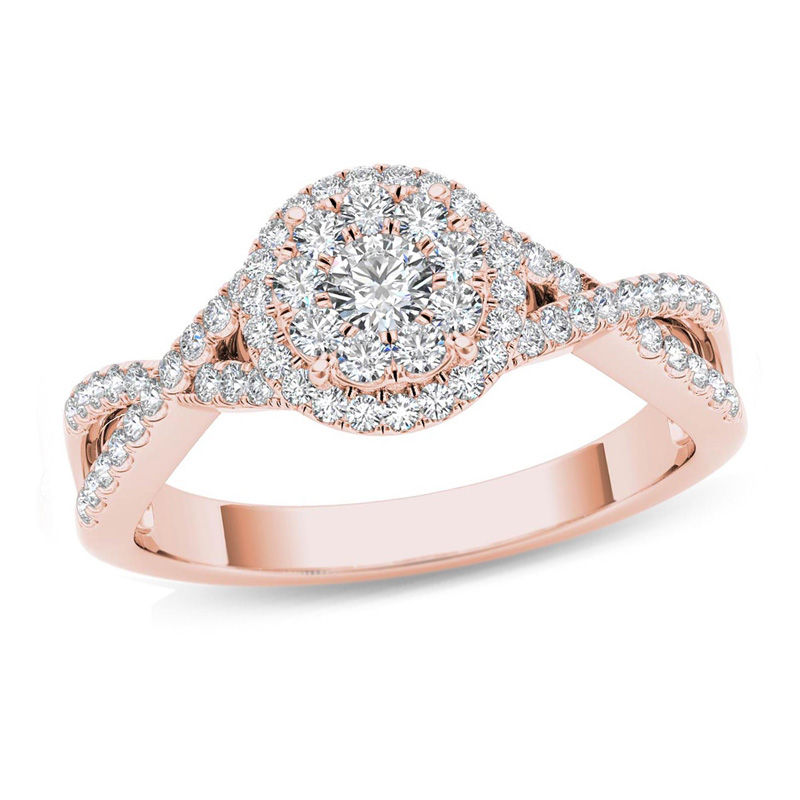 Main Image 1 of 1/2 CT. T.W. Diamond Frame Twist Shank Engagement Ring in 14K Rose Gold
