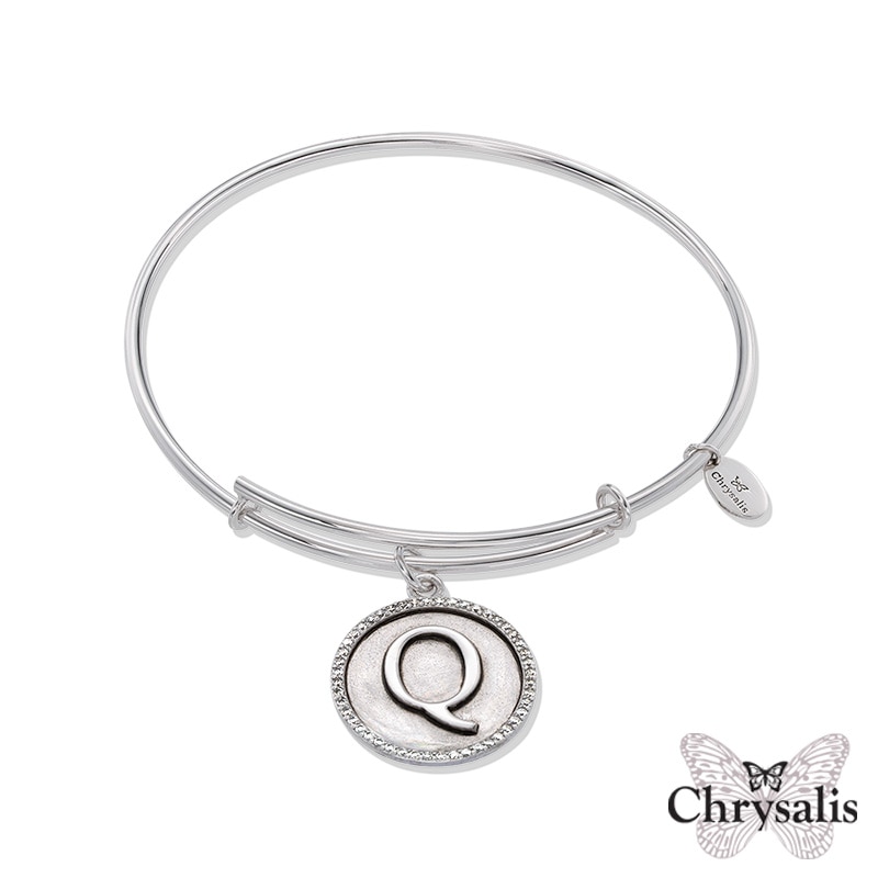 Main Image 1 of Chrysalis Cubic Zirconia Initial "Q" Charm Adjustable Bangle in Sterling Silver