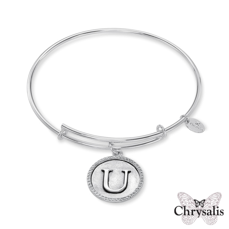 Chrysalis Cubic Zirconia Initial "U" Charm Adjustable Bangle in Sterling Silver