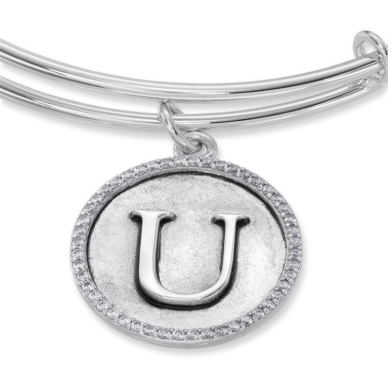 Chrysalis Cubic Zirconia Initial "U" Charm Adjustable Bangle in Sterling Silver