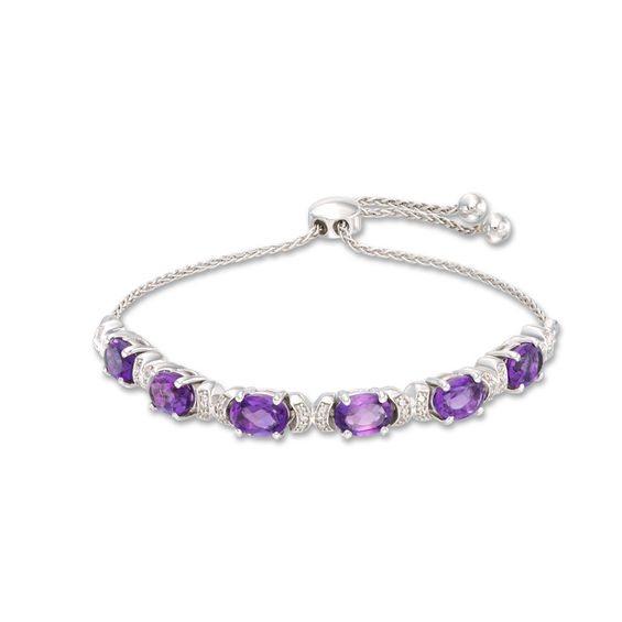 Oval Amethyst And 1 10 Ct T W Diamond Five Stone Bolo Bracelet In Oval Amethyst And 1 10 Ct T W Diamond Five Stone Bolo Bracelet In Sterling
