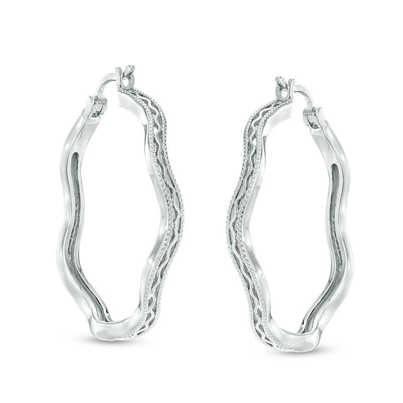 Main Image 2 of 1/10 CT. T.W. Diamond Wavy Hoop Earrings in Sterling Silver