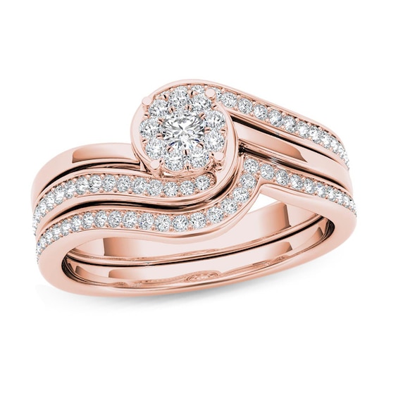 1/2 CT. T.w. Composite Diamond Flower Bypass Bridal Set in 14K Rose Gold