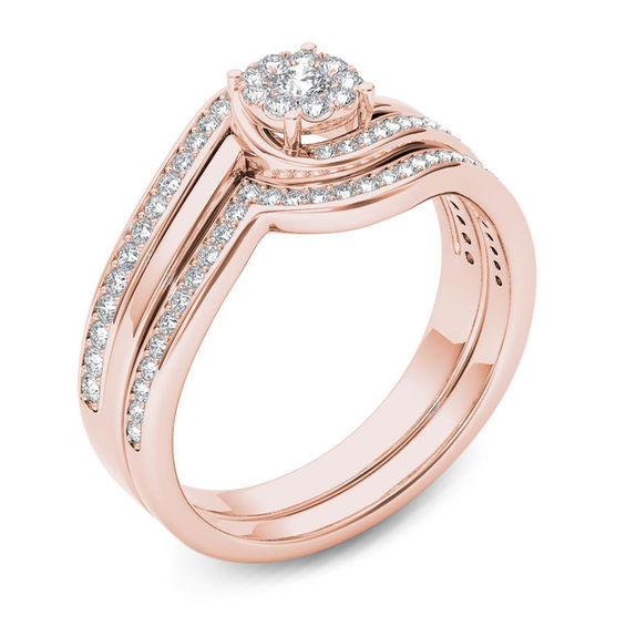 1/2 CT. T.w. Composite Diamond Flower Bypass Bridal Set in 14K Rose Gold
