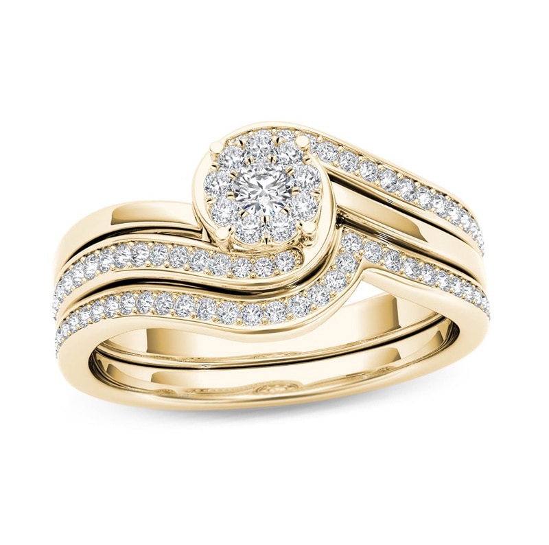 Main Image 1 of 1/2 CT. T.W. Composite Diamond Flower Bypass Bridal Set in 14K Gold