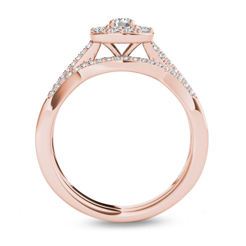Main Image 2 of 3/8 CT. T.W. Diamond Cushion Frame Twist Shank Bridal Set in 14K Rose Gold