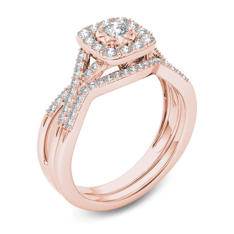 Main Image 3 of 3/8 CT. T.W. Diamond Cushion Frame Twist Shank Bridal Set in 14K Rose Gold