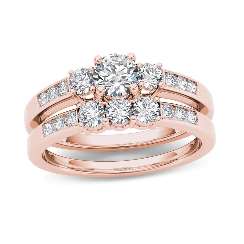 1 CT. T.W. Diamond Three Stone Bridal Set in 14K Rose Gold