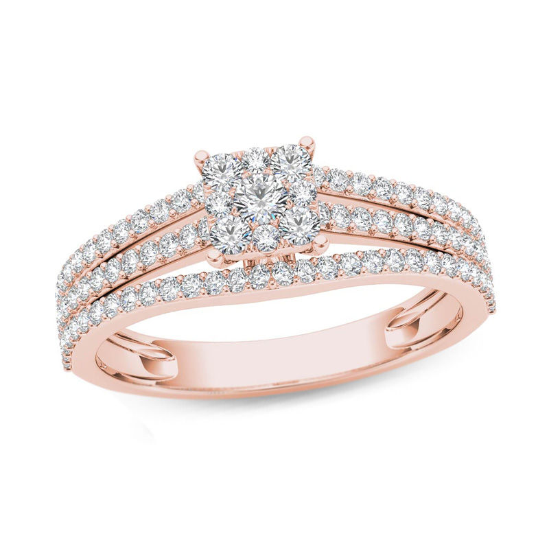Main Image 1 of 5/8 CT. T.W. Multi-Diamond Square Frame Three Row Engagement Ring in 14K Rose Gold