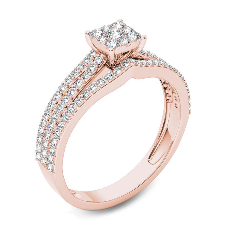 Main Image 2 of 5/8 CT. T.W. Multi-Diamond Square Frame Three Row Engagement Ring in 14K Rose Gold