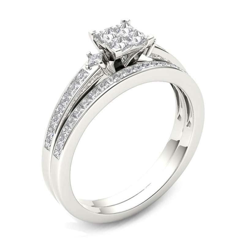 Main Image 2 of 3/4 CT. T.W. Quad Princess-Cut Diamond Bridal Set in 14K White Gold