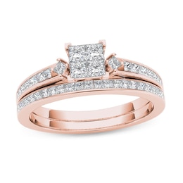 3/4 CT. T.W. Quad Princess-Cut Diamond Bridal Set in 14K Rose Gold