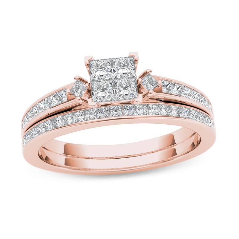 Main Image 1 of 3/4 CT. T.W. Quad Princess-Cut Diamond Bridal Set in 14K Rose Gold