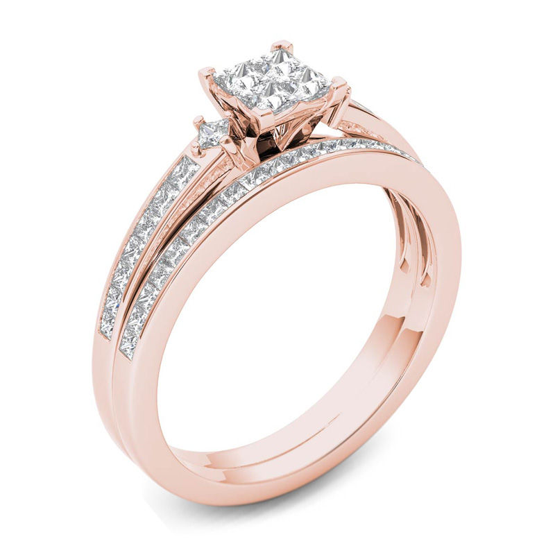 Main Image 2 of 3/4 CT. T.W. Quad Princess-Cut Diamond Bridal Set in 14K Rose Gold