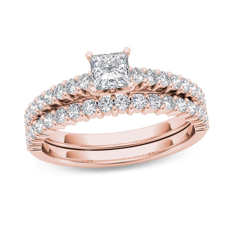 1 CT. T.W. Princess-Cut Diamond Bridal Set in 14K Rose Gold