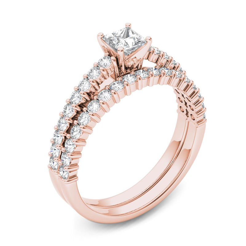 1 CT. T.W. Princess-Cut Diamond Bridal Set in 14K Rose Gold | Zales
