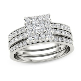 7/8 CT. T.W. Princess-Cut Diamond Frame Three Piece Bridal Set in 14K White Gold